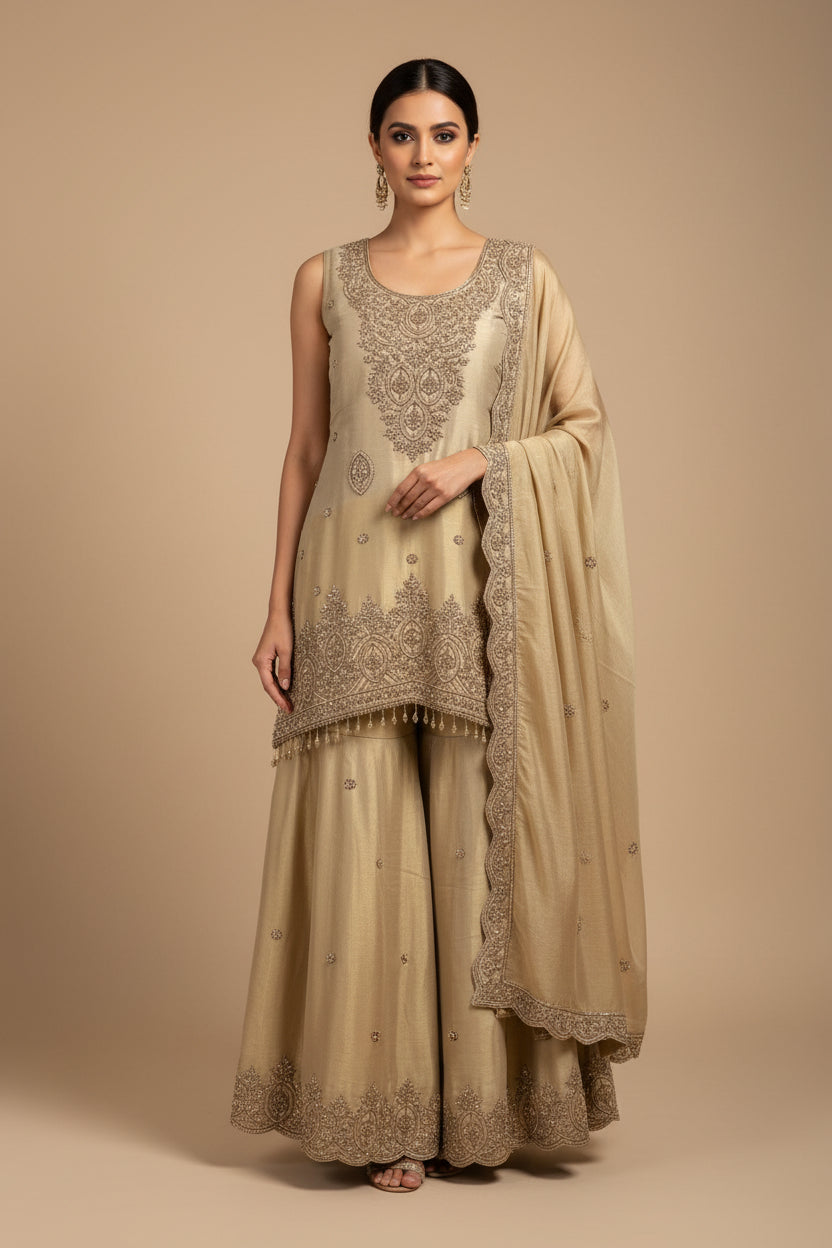 buy Gold Tissue Silk Kurti Palazzo Set with Zardosi Work for Evening Wear Main image