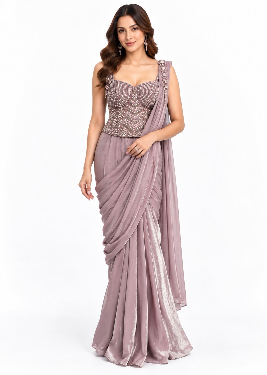 Dusty Mauve Embellished Pre-Draped Saree