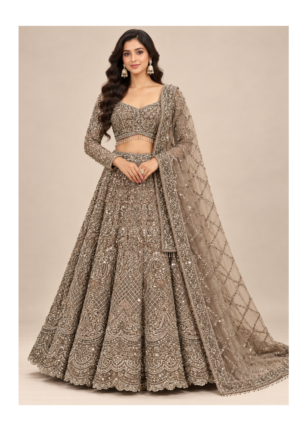 Taupe Brown Embellished Bridal Lehenga Set Main image