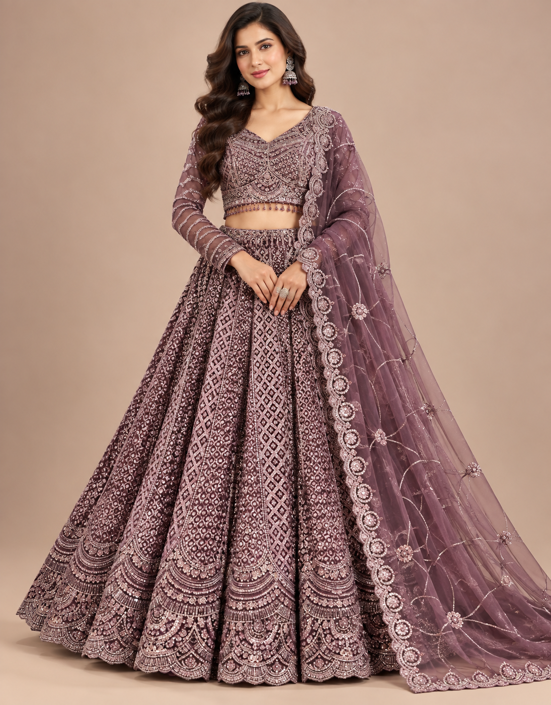 Deep Mauve-Plum Tone-on-Tone Embroidered Full-Sleeve Bridal Lehenga Choli Set