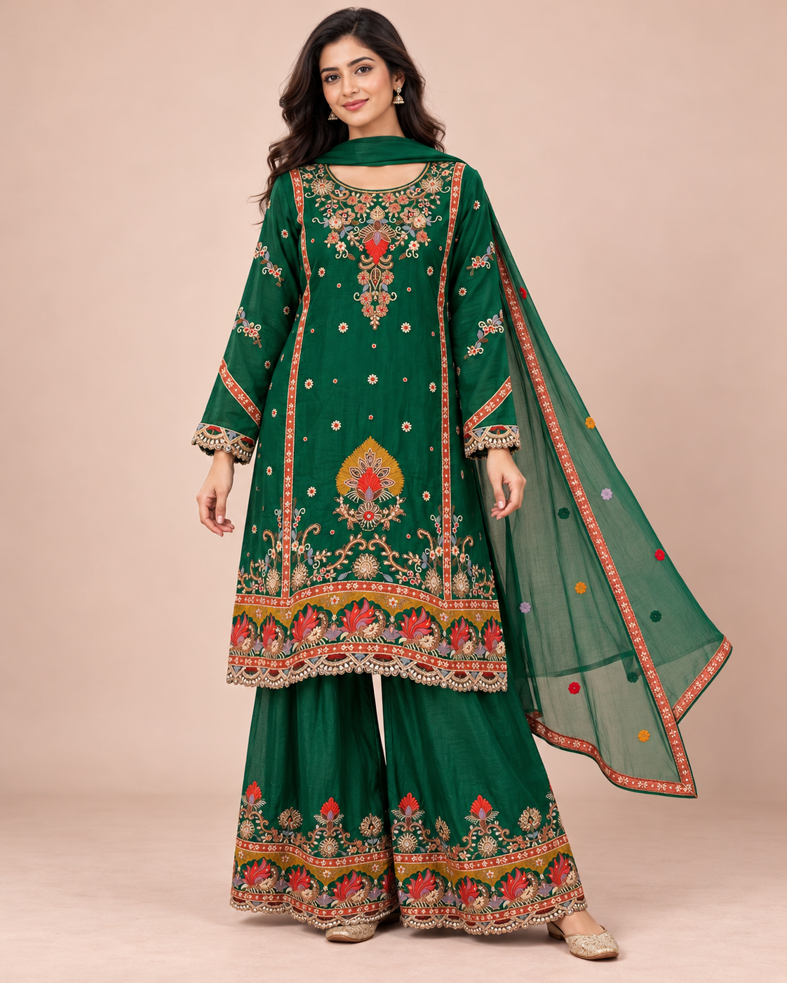 Emerald Green Embroidered Silk Salwar Suit