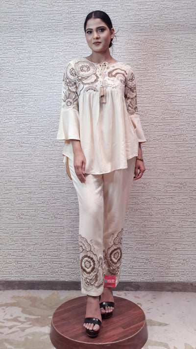 Ivory Cotton Co-Ord Set With Earthy Tones Resham Work Perfect For Summer