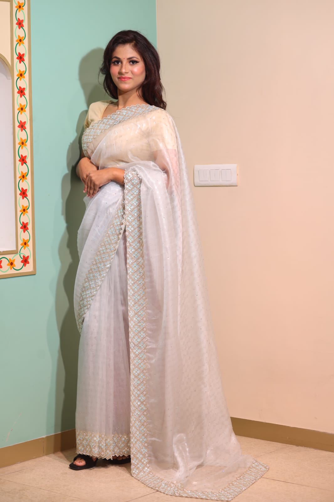 Elegant Tissue Saree in Sky Blue with Intricate Border