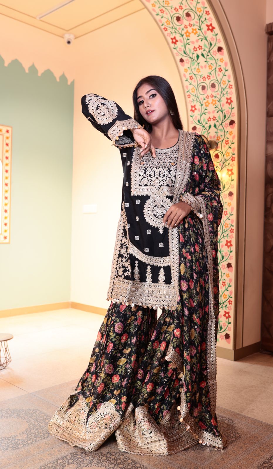 Exquisite Multi-Color Chinnon Kurti with Sharara and Heavy Dupatta