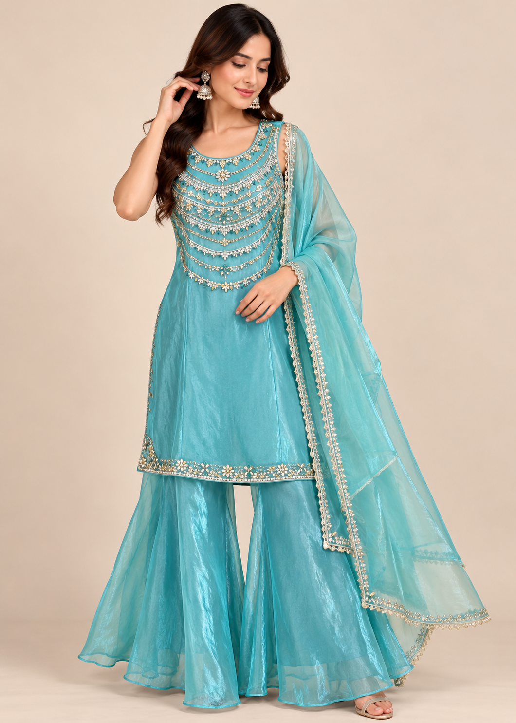 Aqua Blue Embroidered Sharara Suit with Dupatta Main image