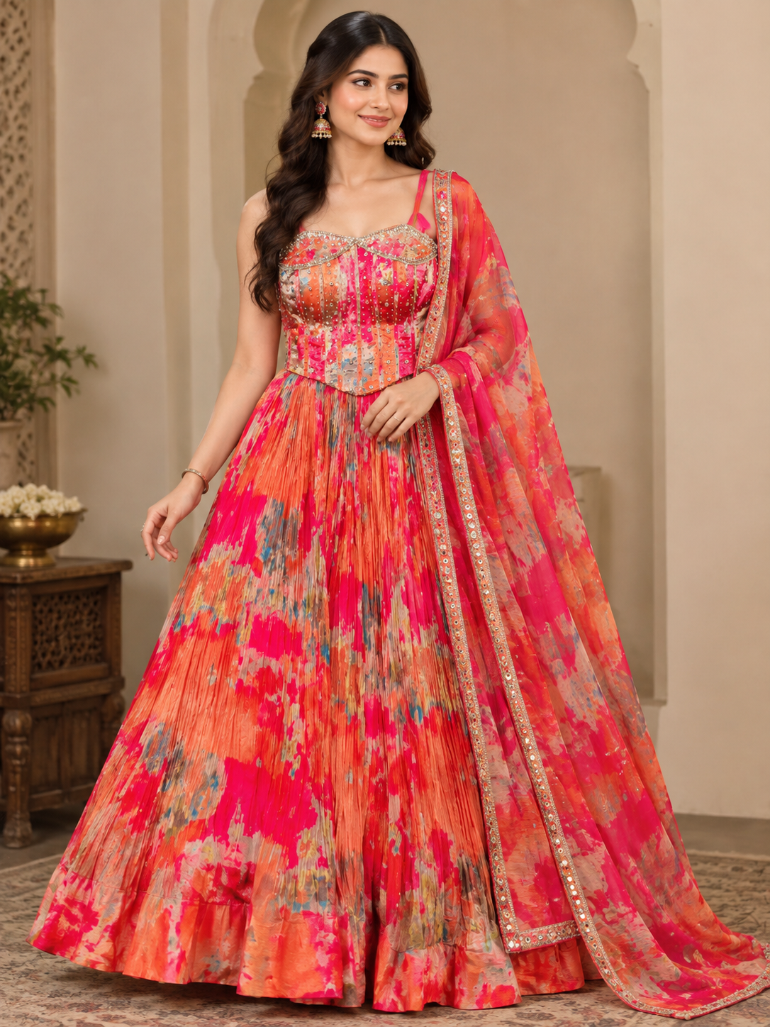Coral & Magenta Water-Dye Corset Lehenga Set