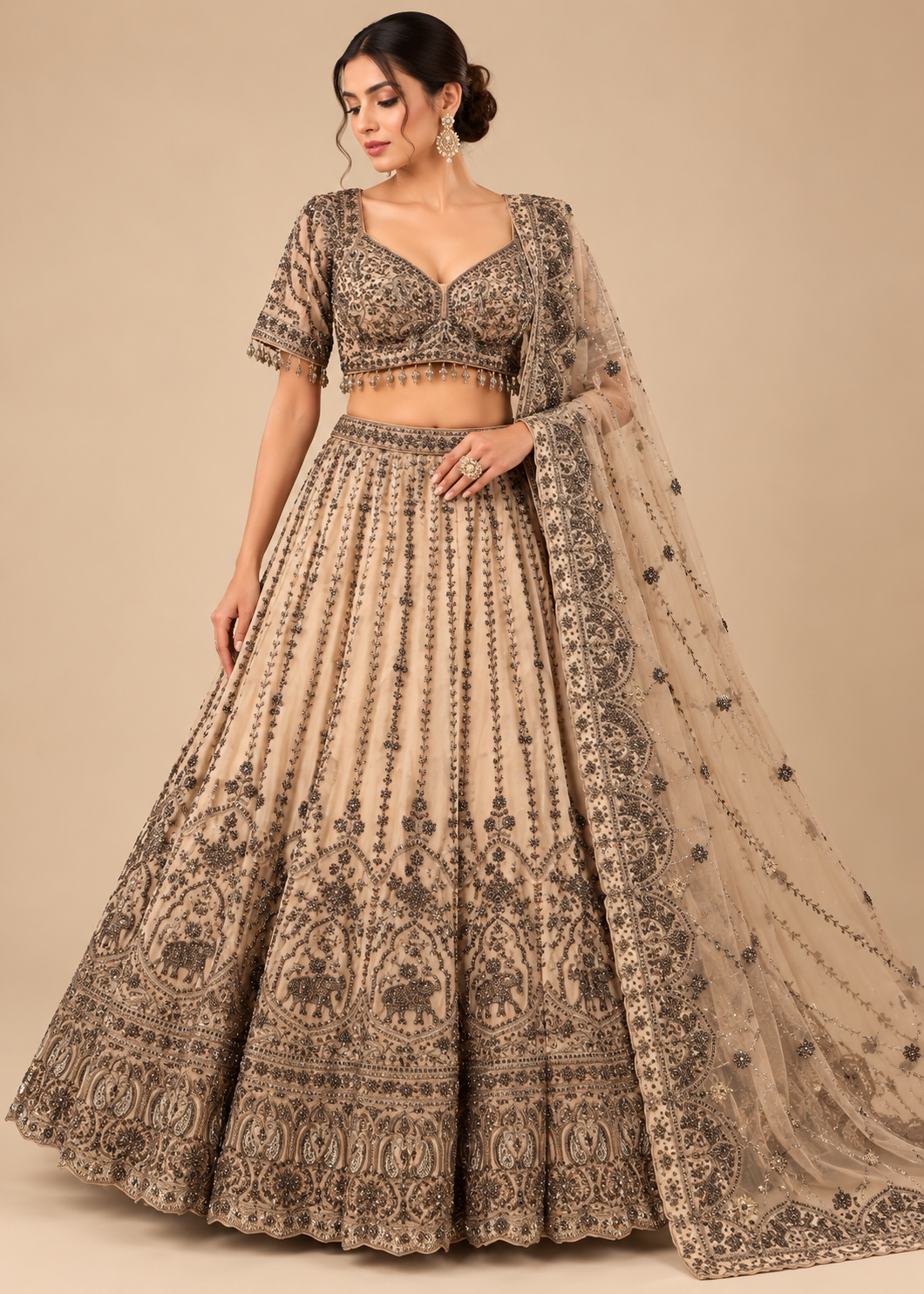 Beige Gold Elephant Heritage Bridal Lehenga