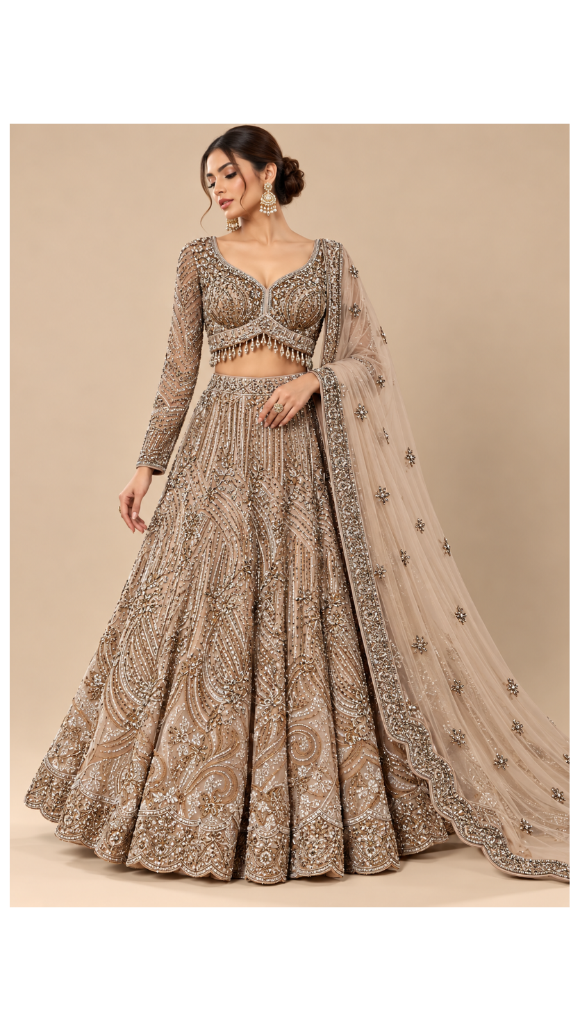 Beige Taupe Paisley Cutdana Bridal Lehenga