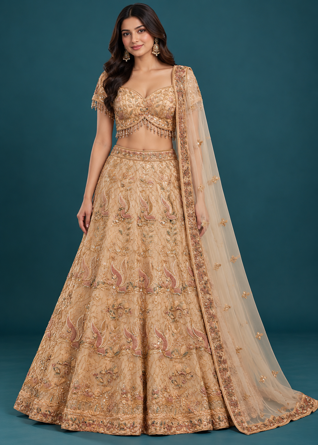Champagne Gold Bird Embroidered Bridal Lehenga