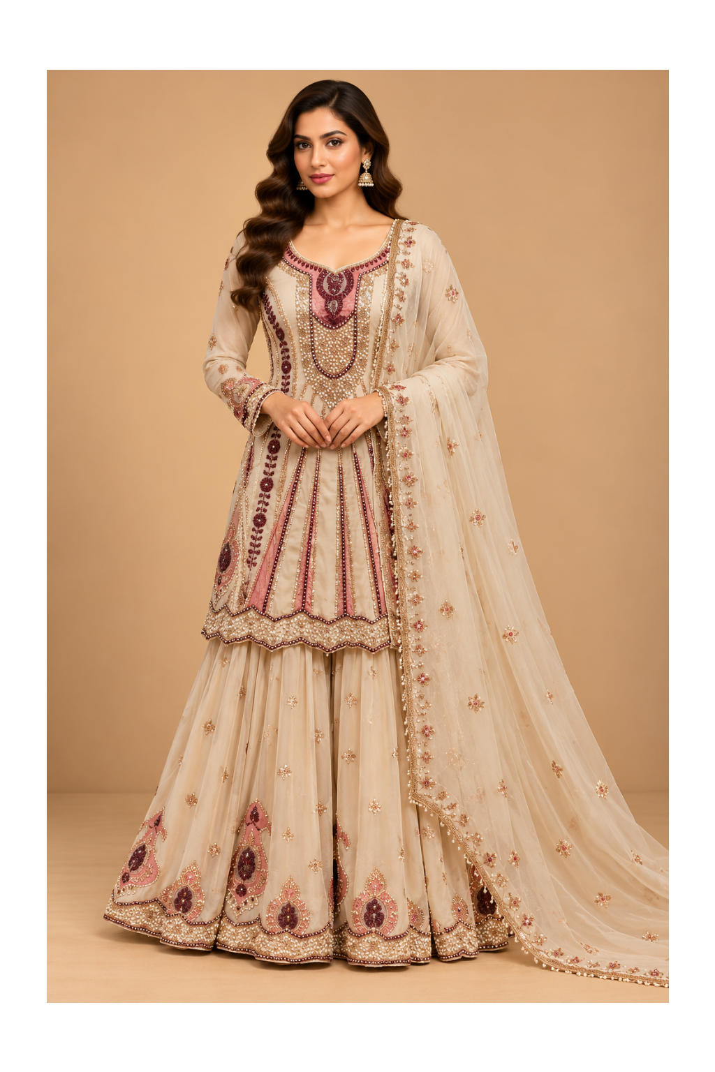 Ivory-Beige & Dusty Maroon Embroidered Peplum Kurti, Sharara Main image