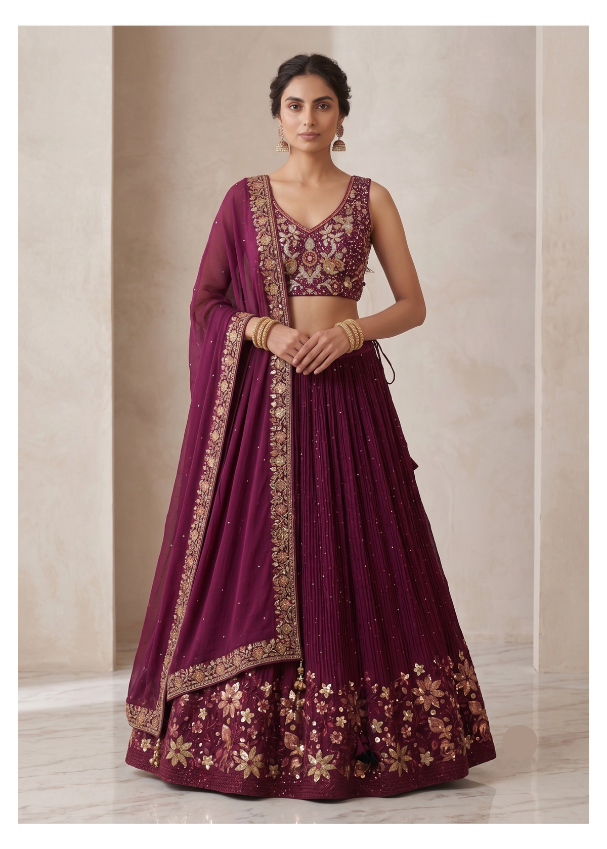 Wine Pleated Georgette Lehenga Set with Embroidered Blouse