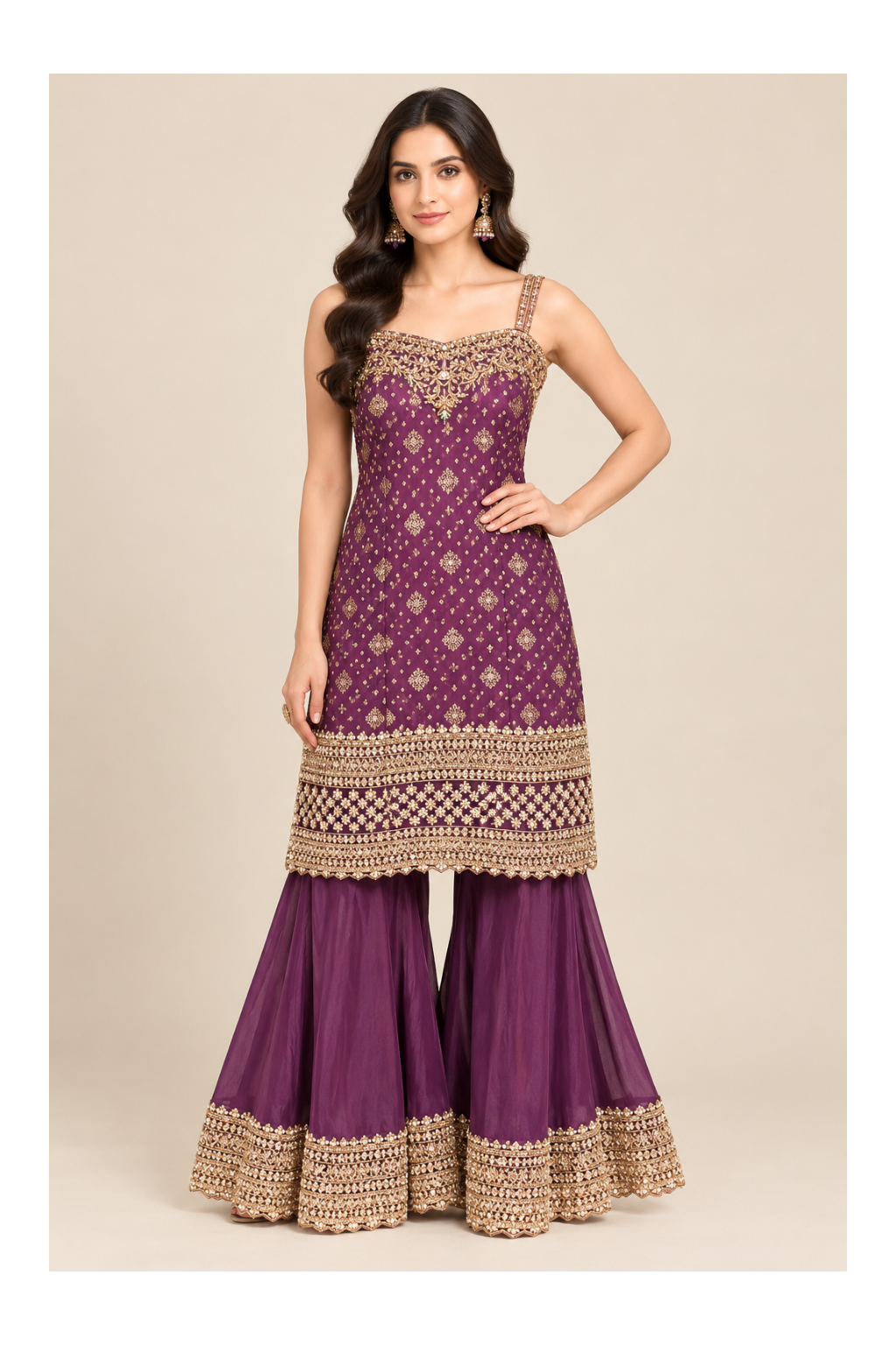 Deep Plum Embroidered Kurti & Sharara Set