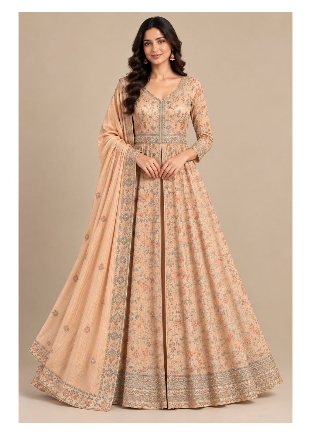 Peach Floral Embroidered Anarkali Gown Main image