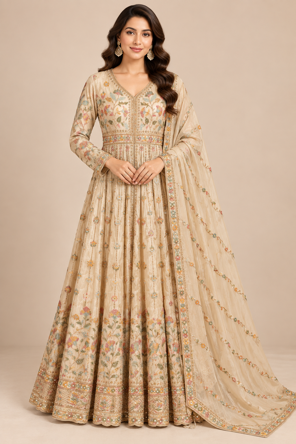 Champagne Gold Floral Embroidered Silk-Tissue Kalidar Anarkali Gown Set with Dupatta