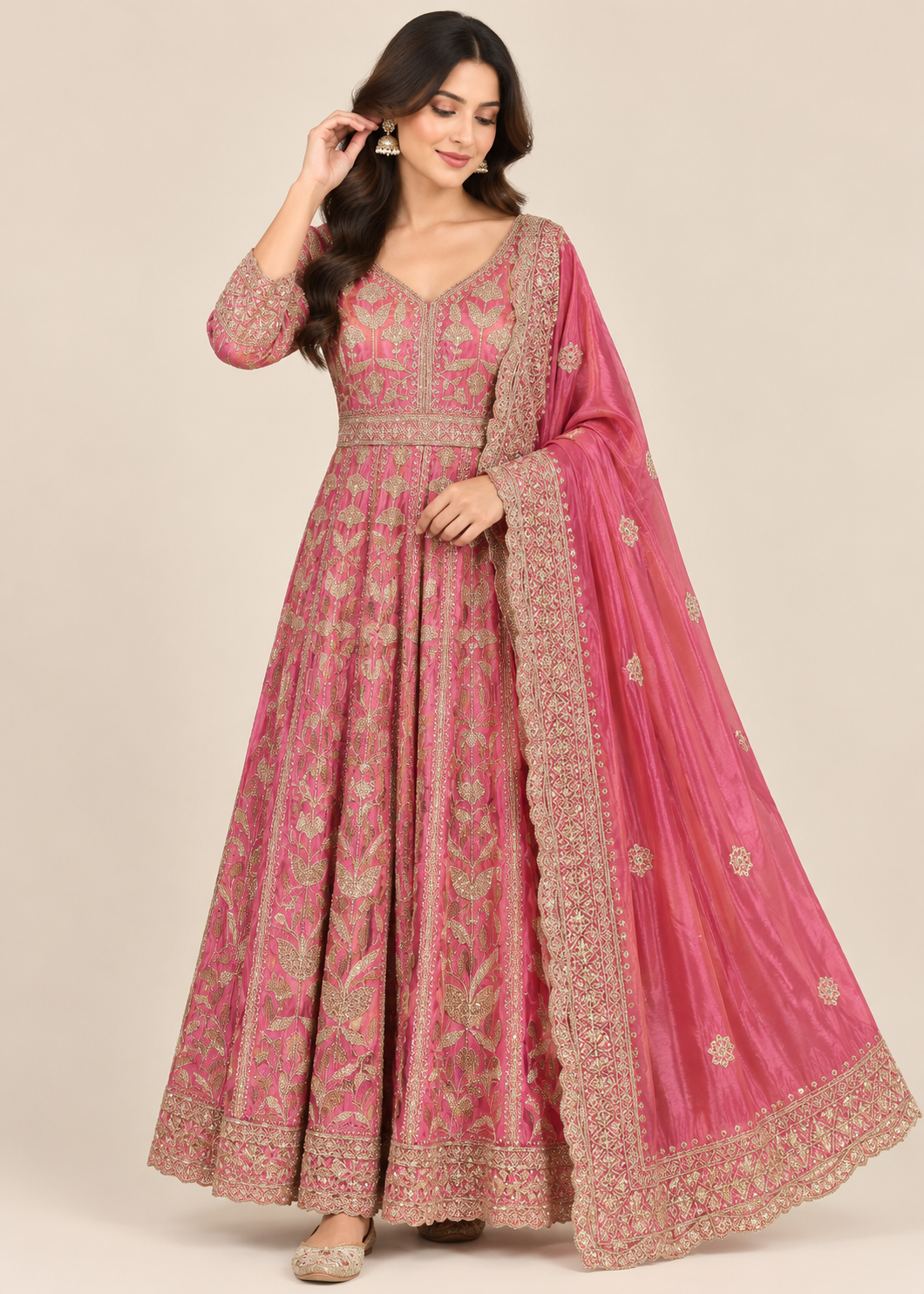 Rose Pink Heavy Zari Embroidered Anarkali Suit with Dupatta Main image