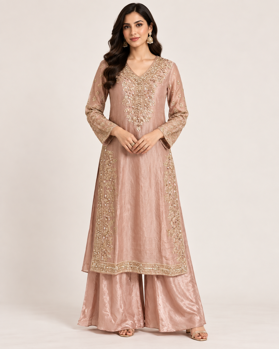 Dusty Rose Embroidered Kurti Palazzo Set