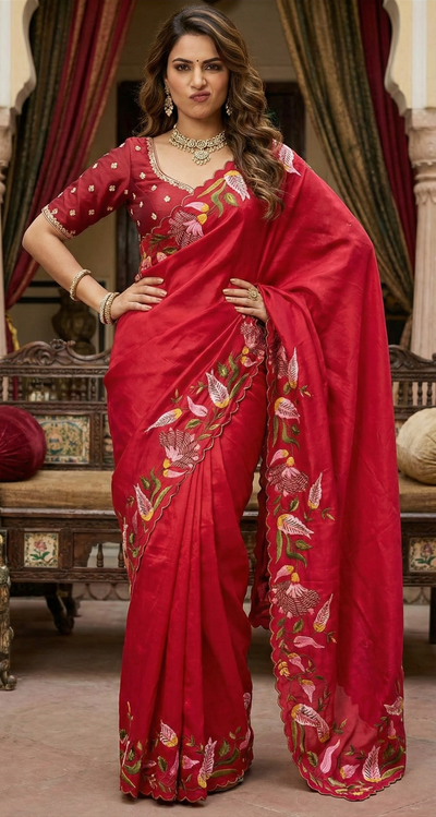 Crimson Red Silk Saree with Figural Bird Embroidery (1817 GS-28)
