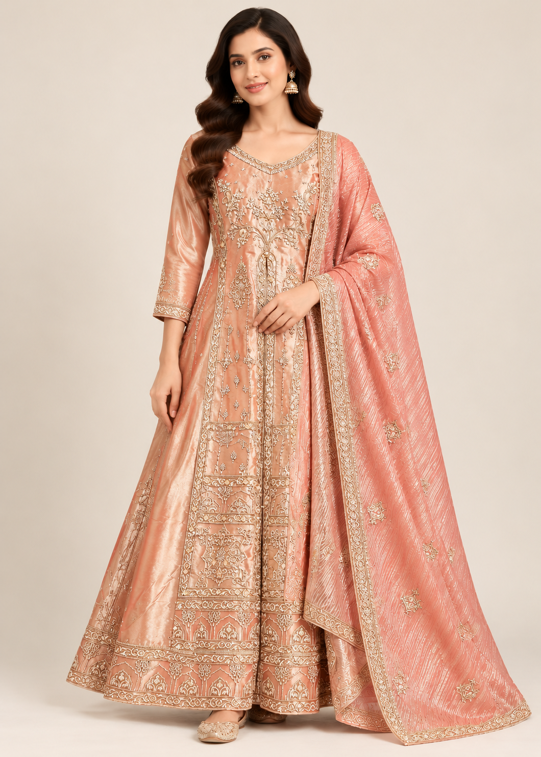 Peach Coral Embroidered Silk Anarkali Set