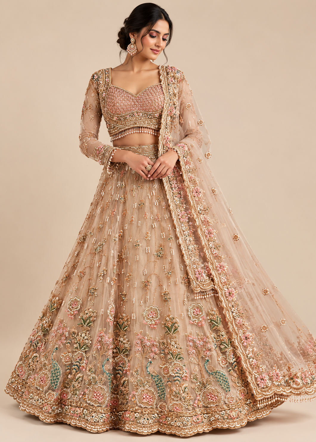 Blush Champagne Peacock Floral Bridal Lehenga