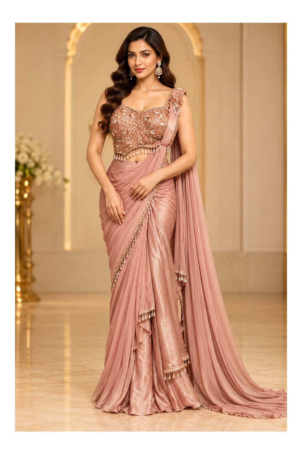 Dusty Rose Pre-Draped Saree-Gown & Embellished Corset Bustier Set Main image
