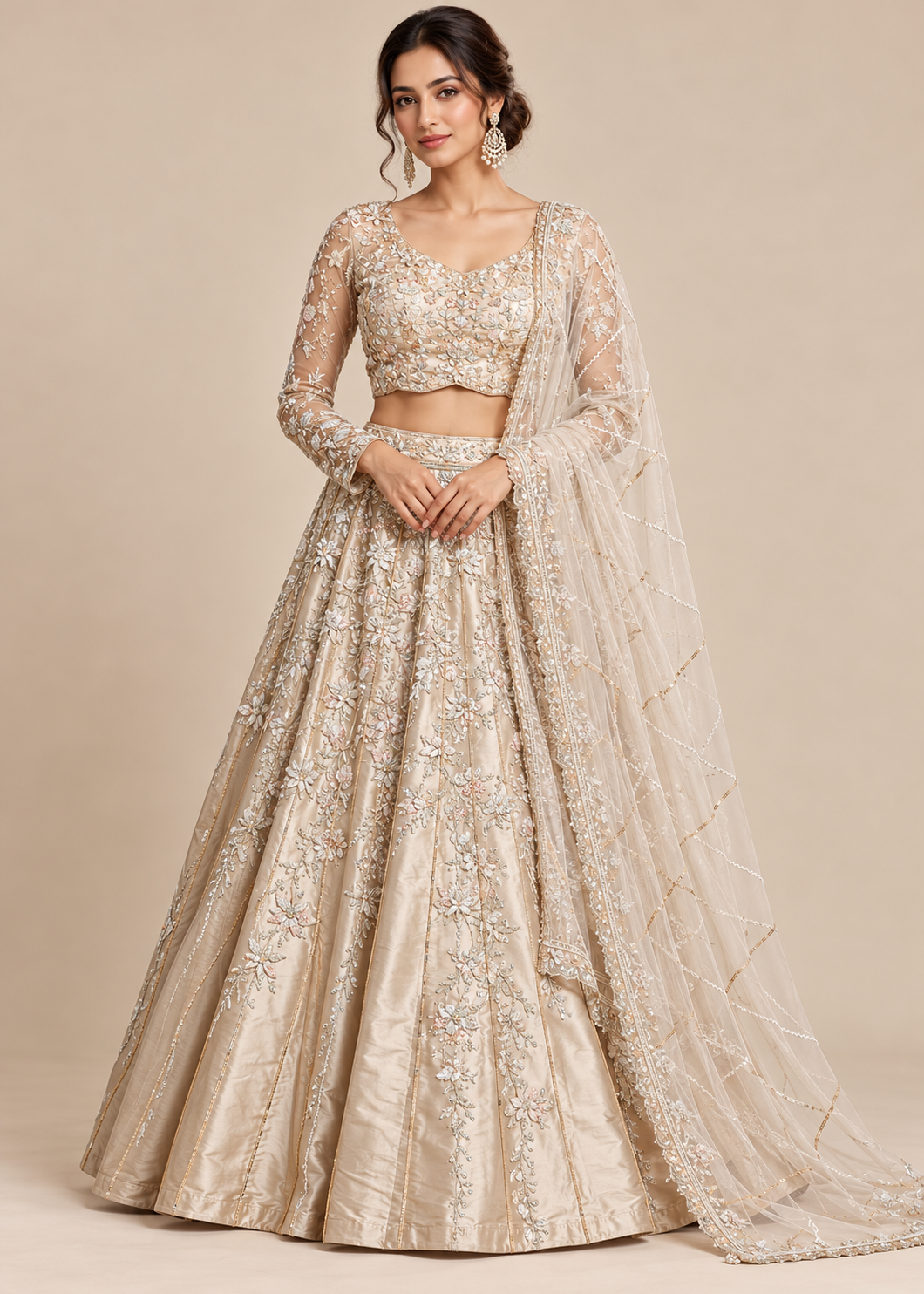 Champagne-Gold Tissue Silk Embroidered Kalidar Lehenga, Choli & Dupatta Set