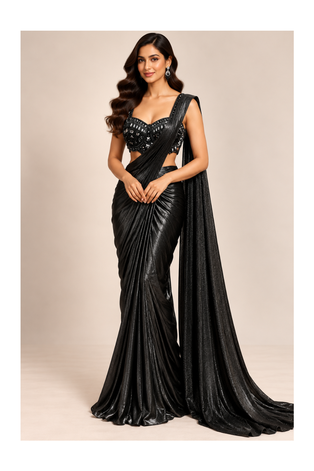 Metallic Onyx-Black Pre-Draped Saree-Gown & Embellished Sweetheart Bustier Set