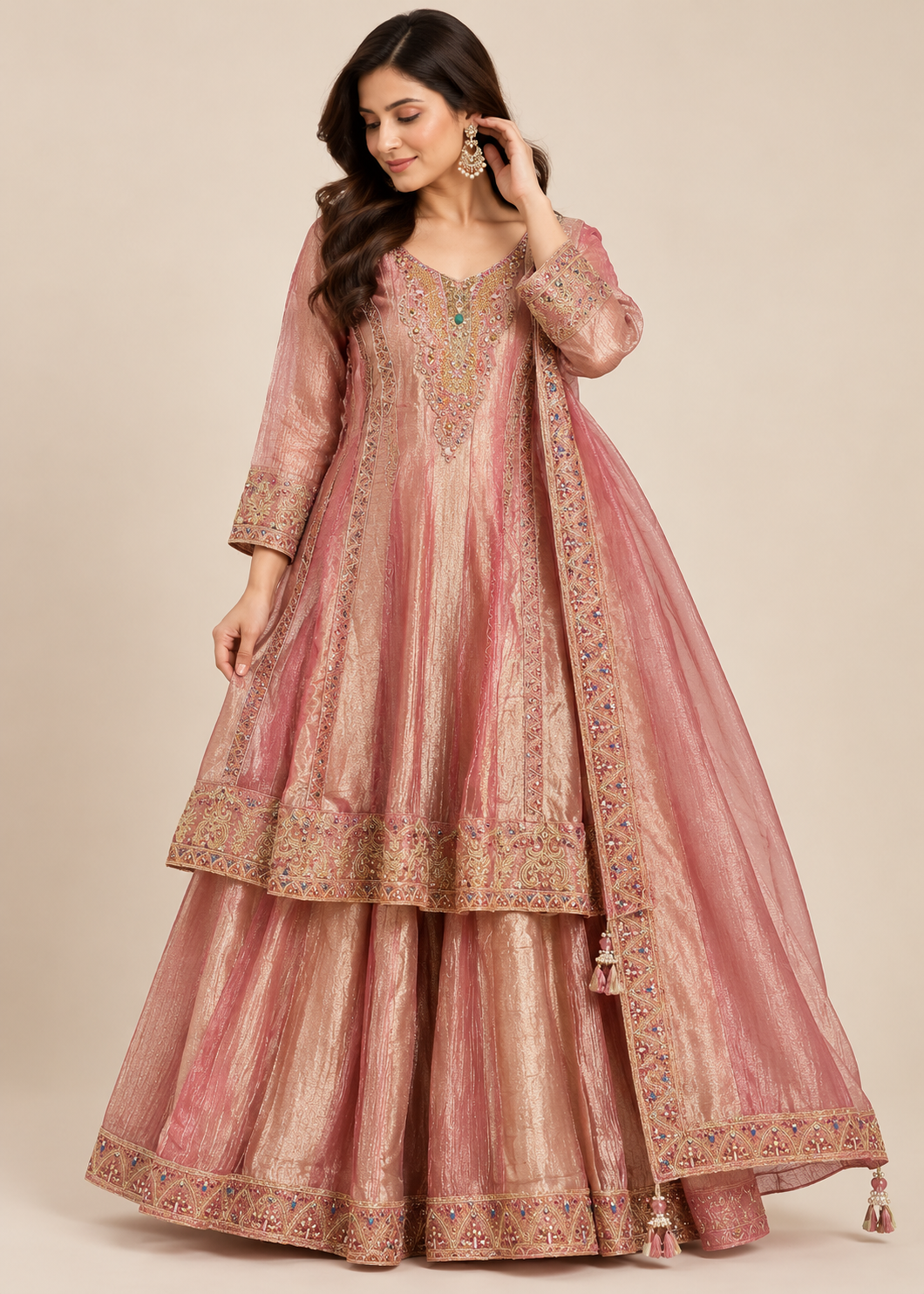 Rose Gold Tissue Embroidered Sharara Set
