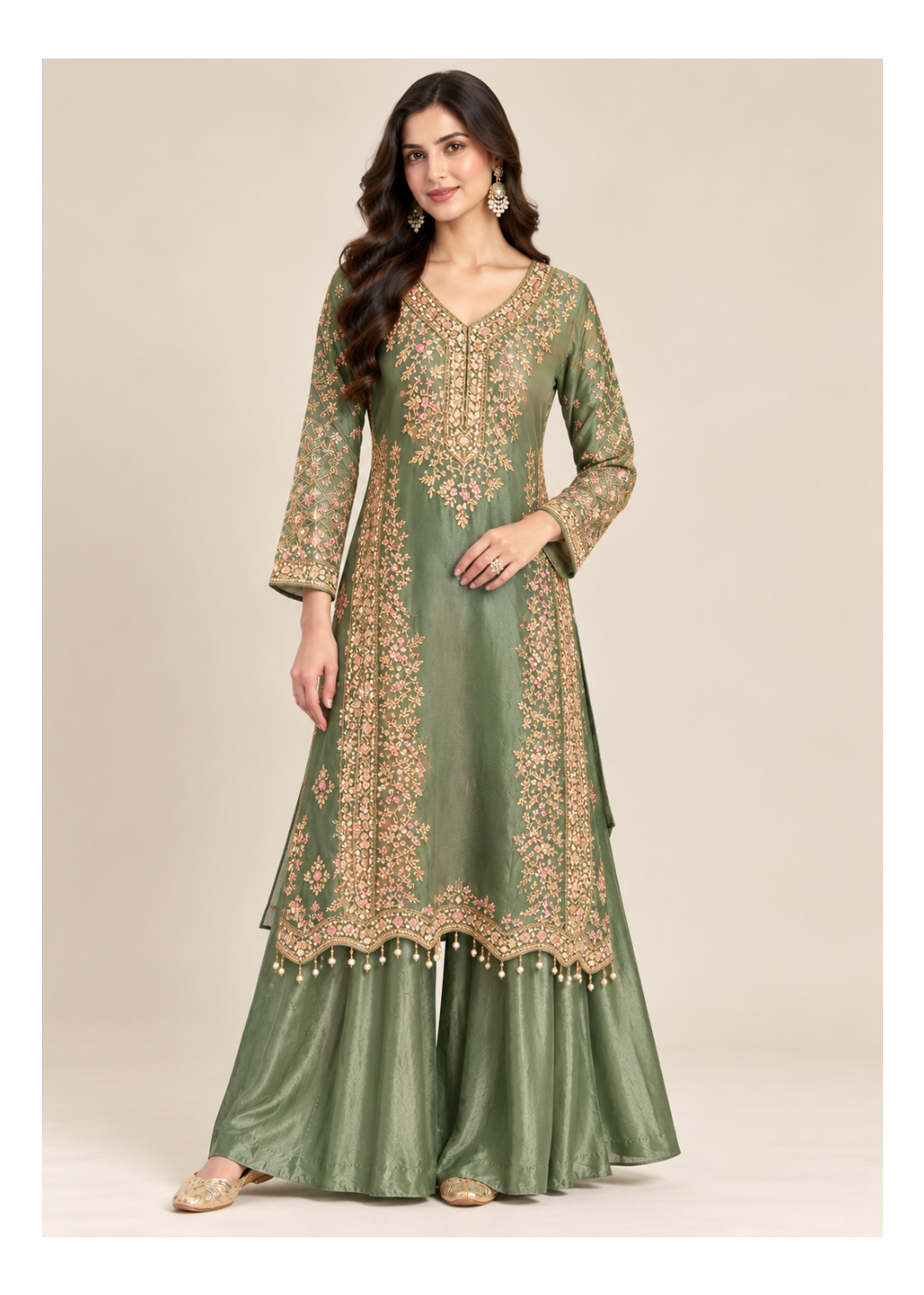 Olive-Sage Embroidered Longline Kurti & Flared Sharara Set Main image