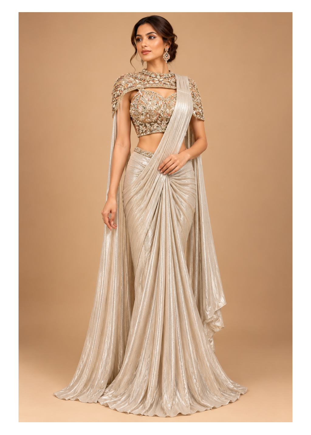 Champagne Shimmer Draped Cape Pre-Stitched Saree
