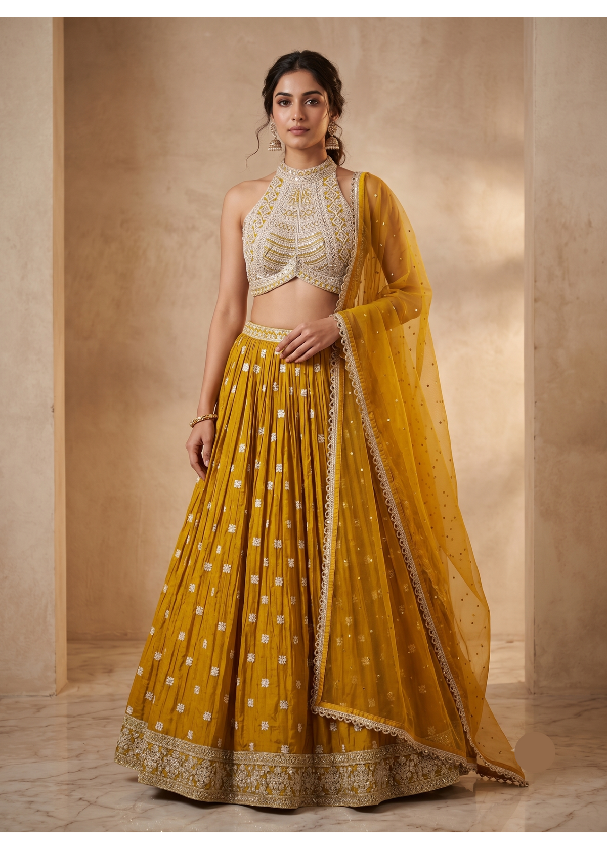 Mustard Pleated Silk Halter Lehenga Set
