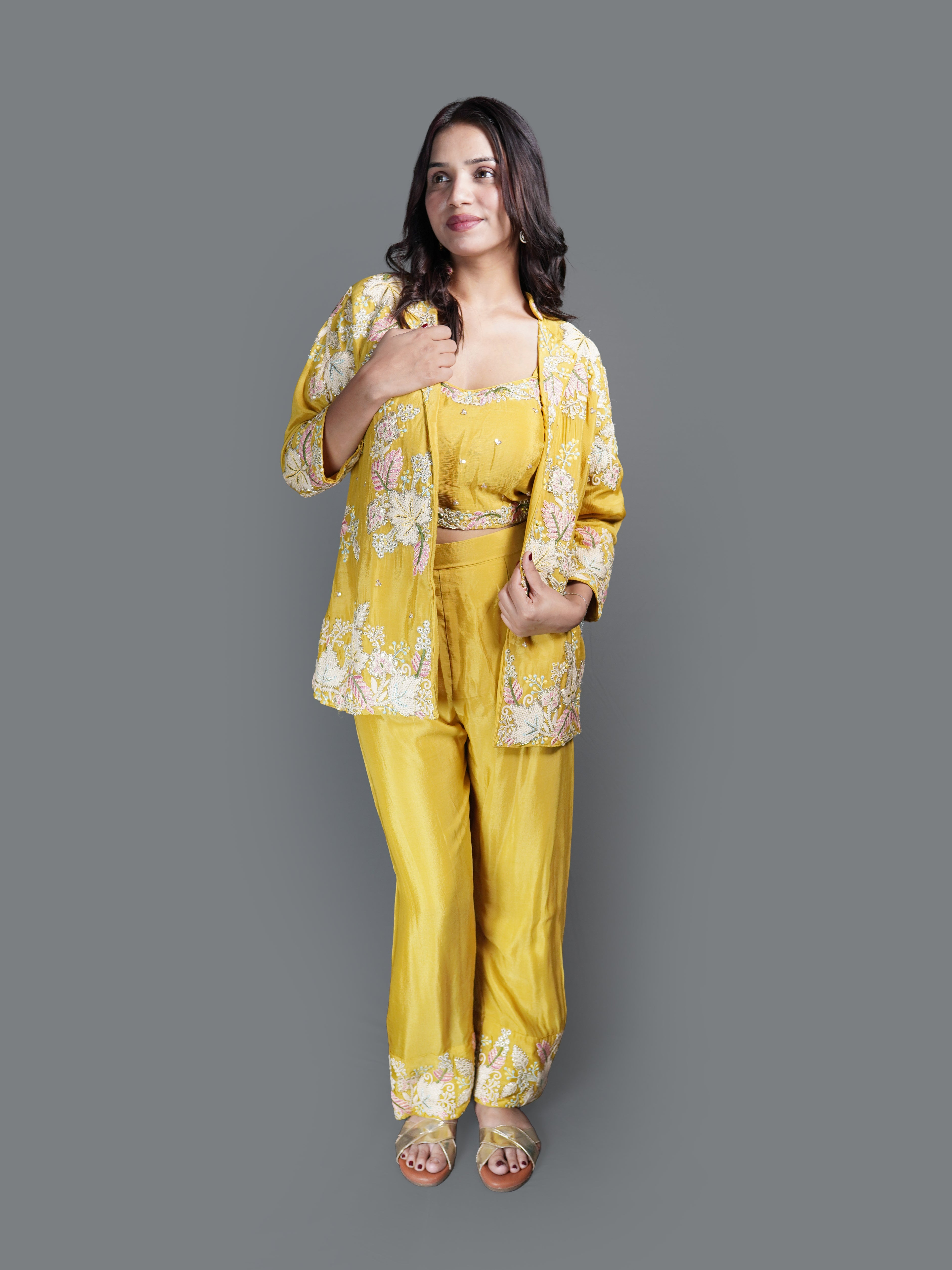 Vibrant Yellow Embroidered Co-ord Set with Jacket (MR-3471 GA-22) Main image