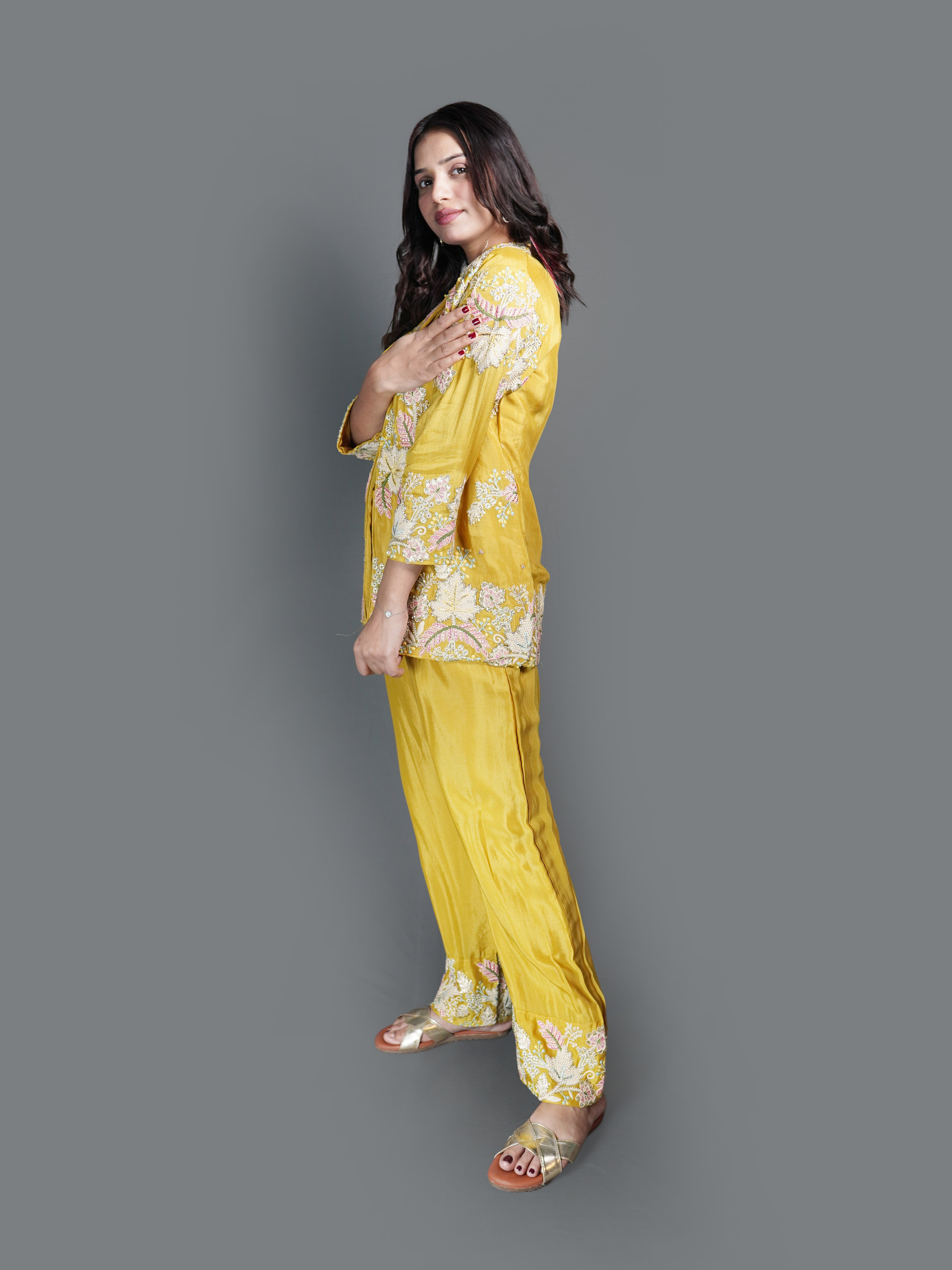Vibrant Yellow Embroidered Co-ord Set with Jacket (MR-3471 GA-22)
