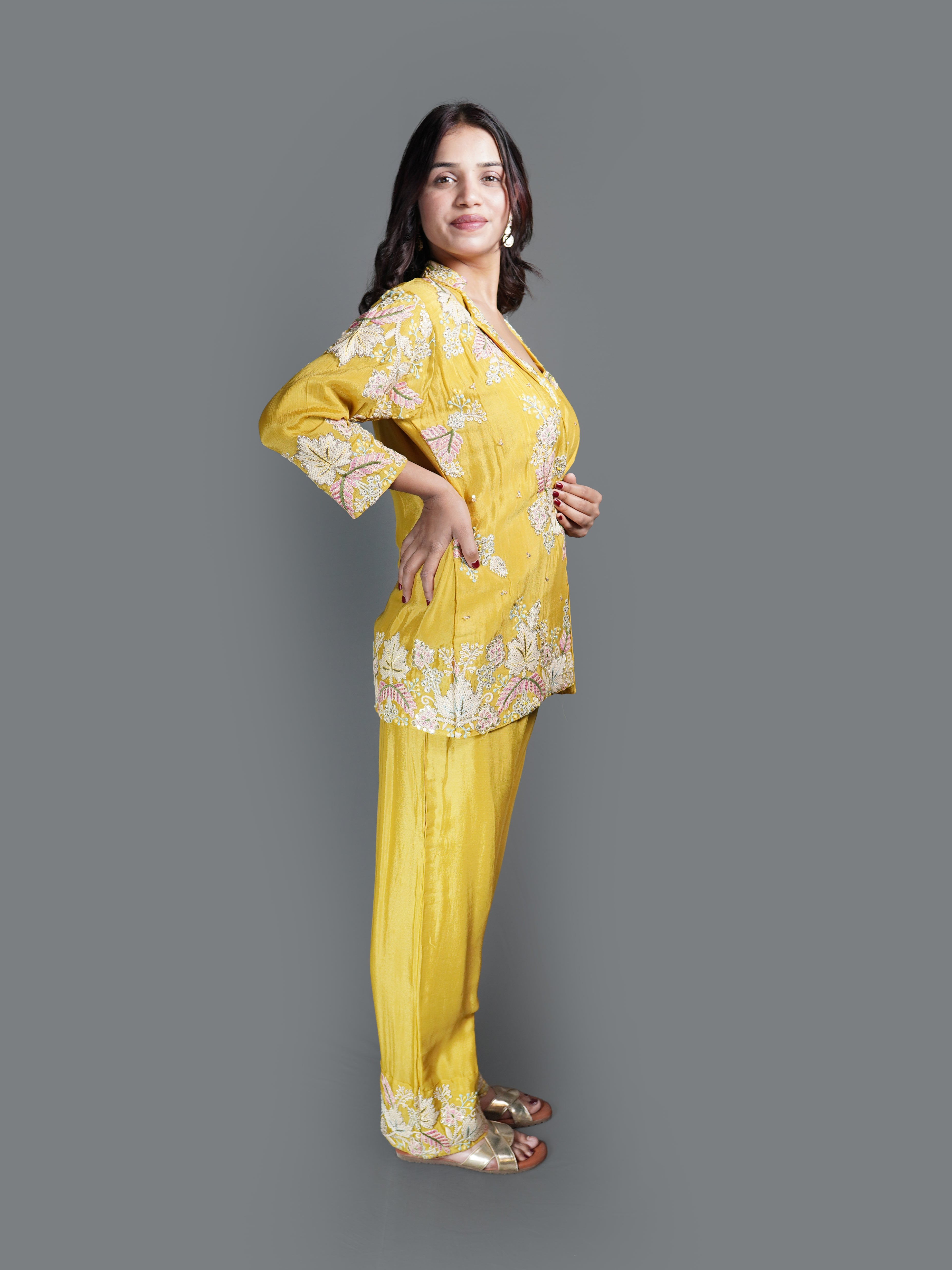 Vibrant Yellow Embroidered Co-ord Set with Jacket (MR-3471 GA-22)