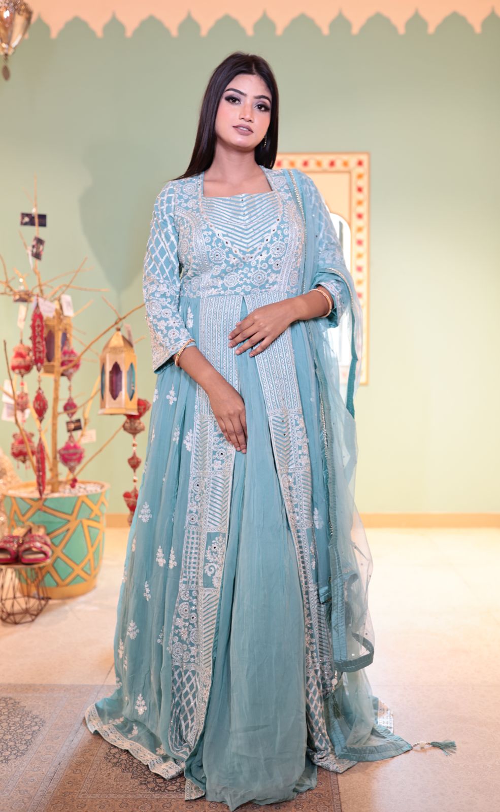 Elegant Powder Blue Chinnon Long Front Slit Kurti with Skirt and Dupatta