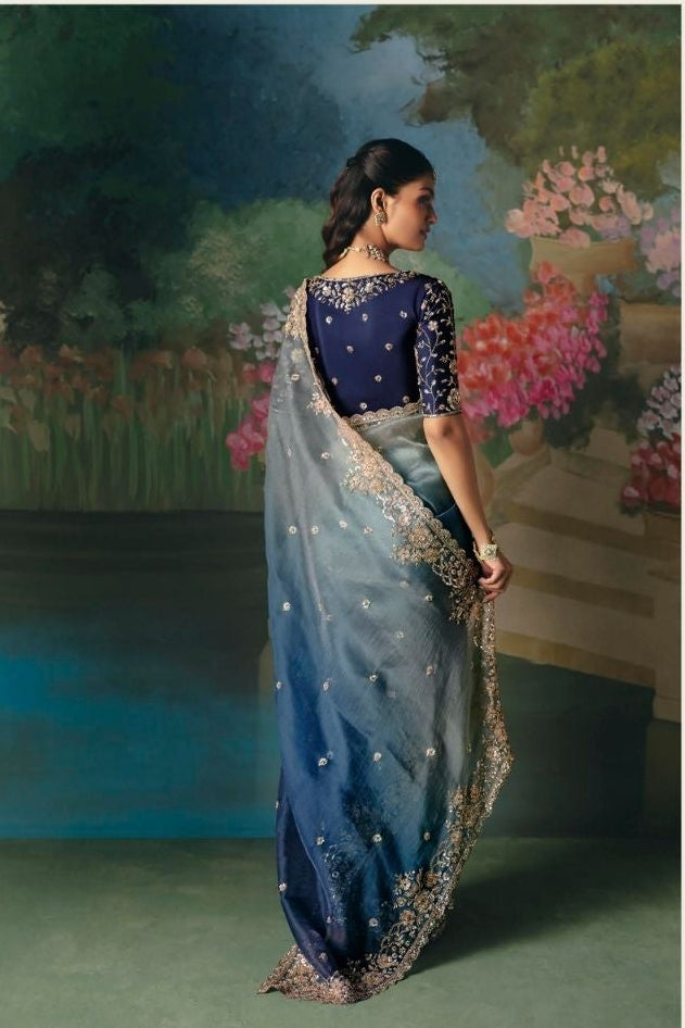 Midnight Ombre Blue silk Saree
