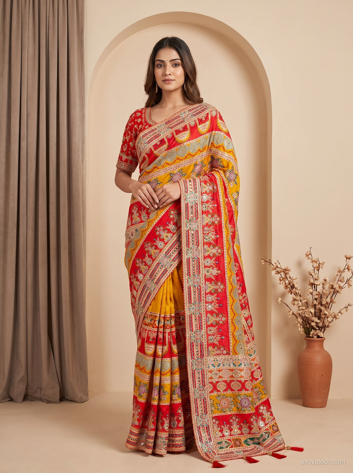 Mustard Yellow & Red Bandhej -Style Silk Saree with Embroidered Scallop Border & Blouse Piece Main image