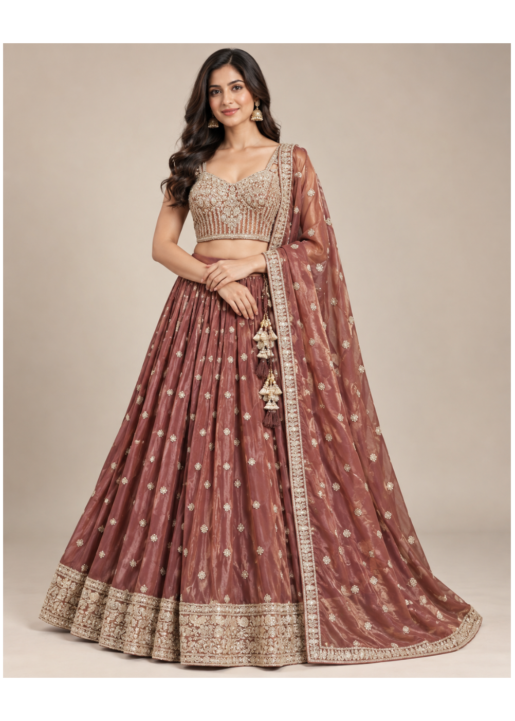 Chikoo Brown Gold Embroidered Lehenga Set