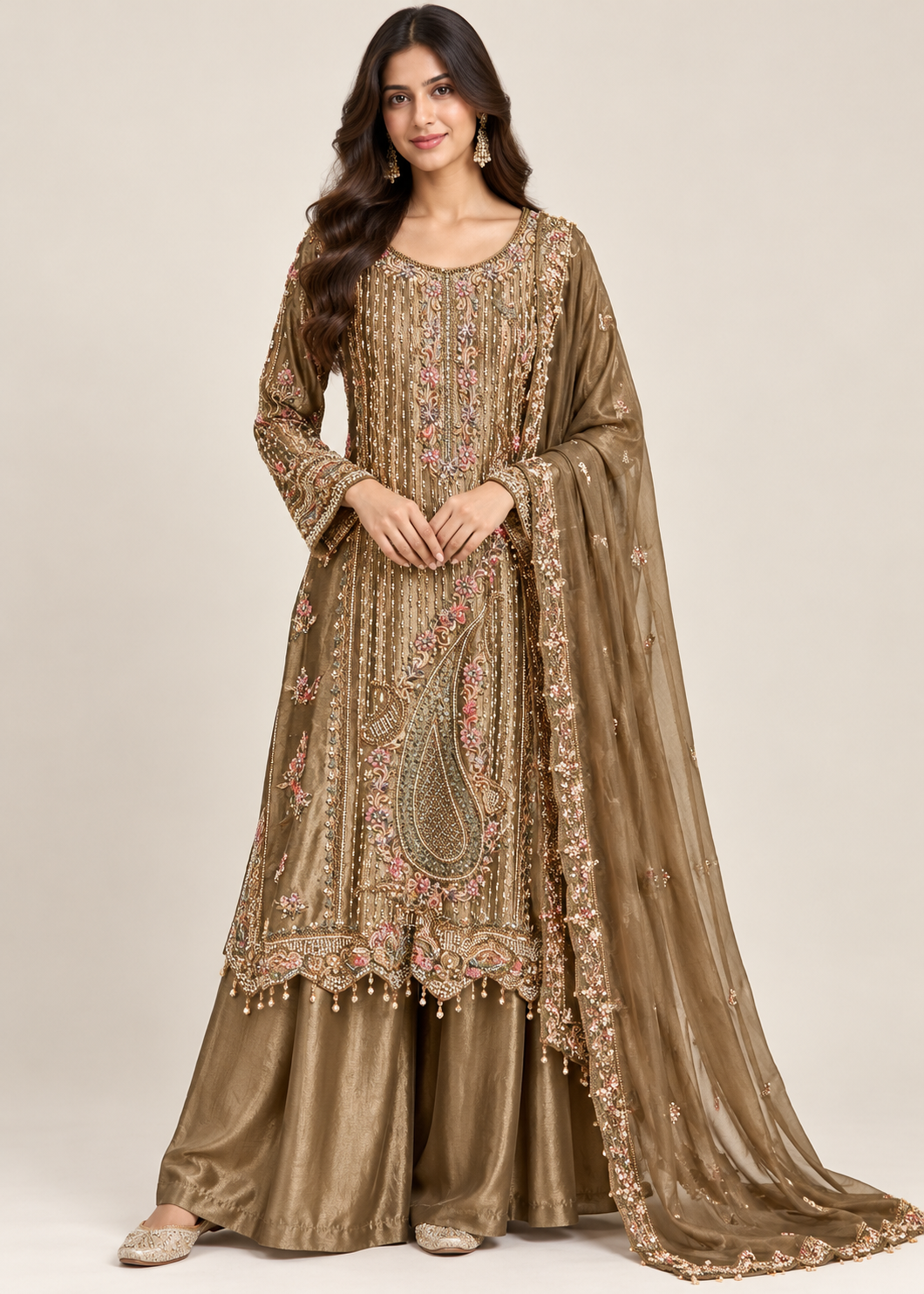 Metallic Antique-Bronze Embroidered Kurti, Flared Sharara