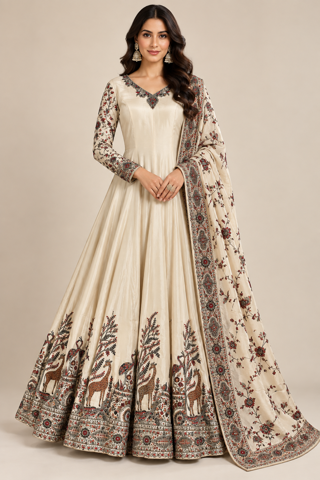 Ivory Cream Handcrafted Kalamkari & Shikar-Bagh Silk Kalidar Anarkali Gown Set with Dupatta Main image