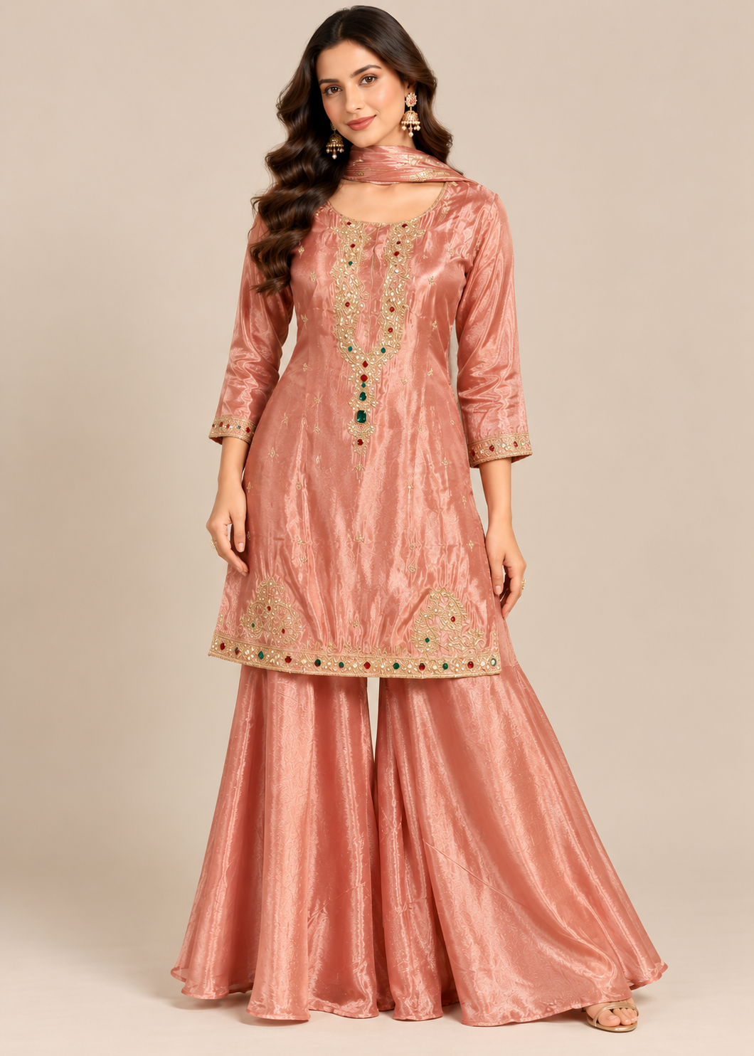 Dusty Rose Tissue Embroidered Sharara Set