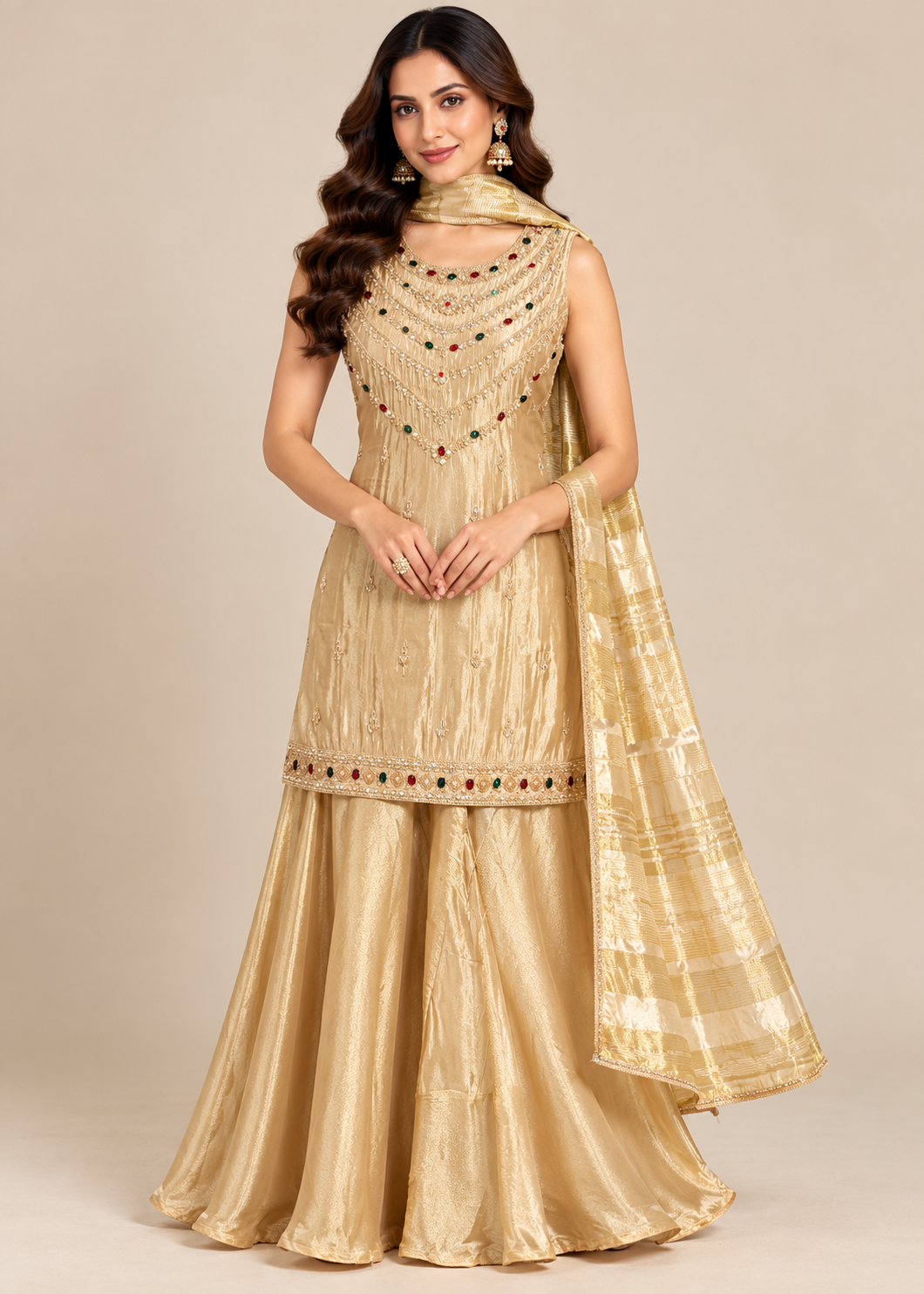 Gold Tissue Embellished Flared Sharara Set