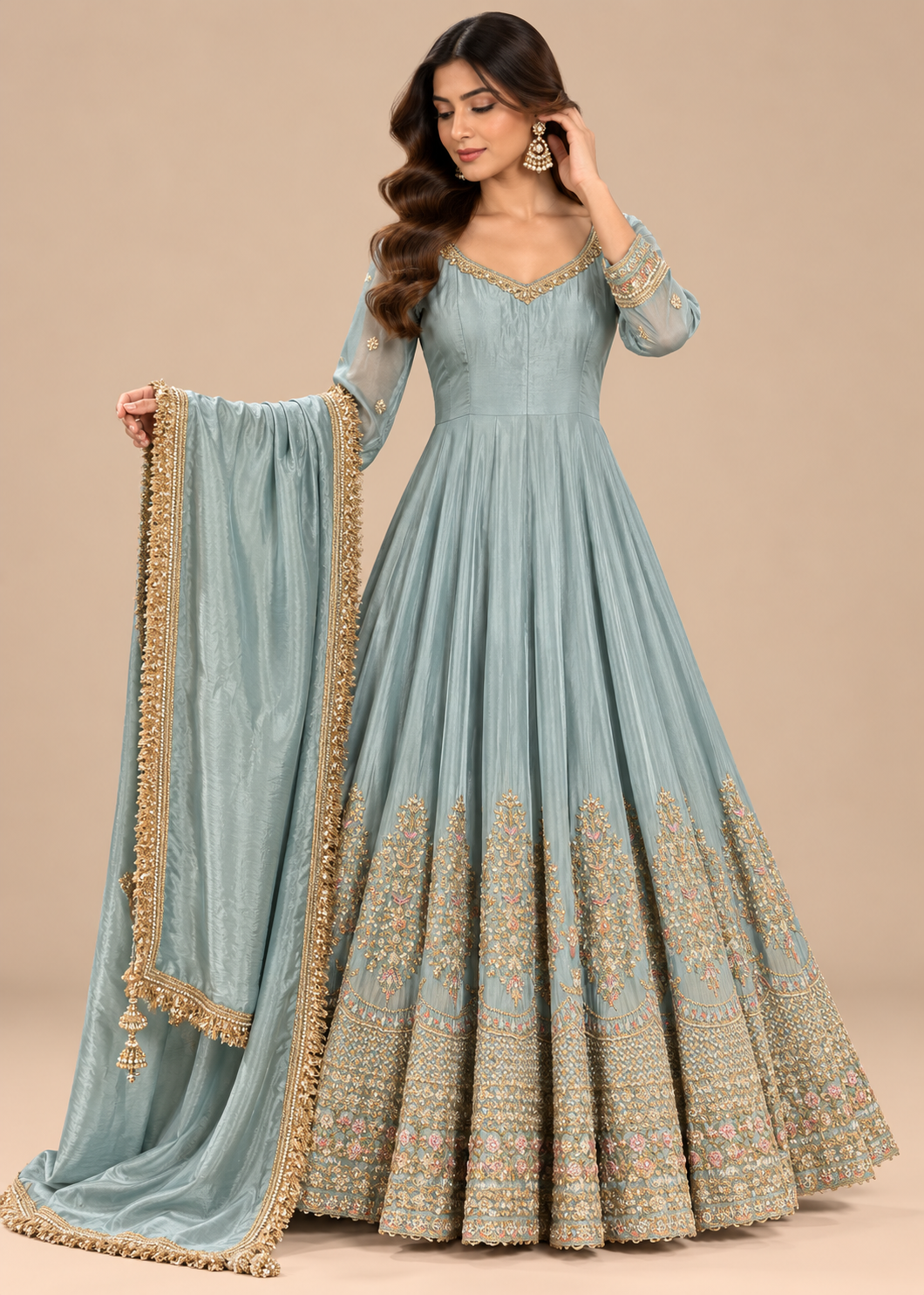 Dusty Blue Heavily Embellished Anarkali Gown Main image