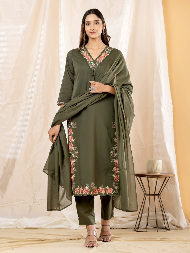 Olive Green Floral Embroidered Silk Kurti Set Main image