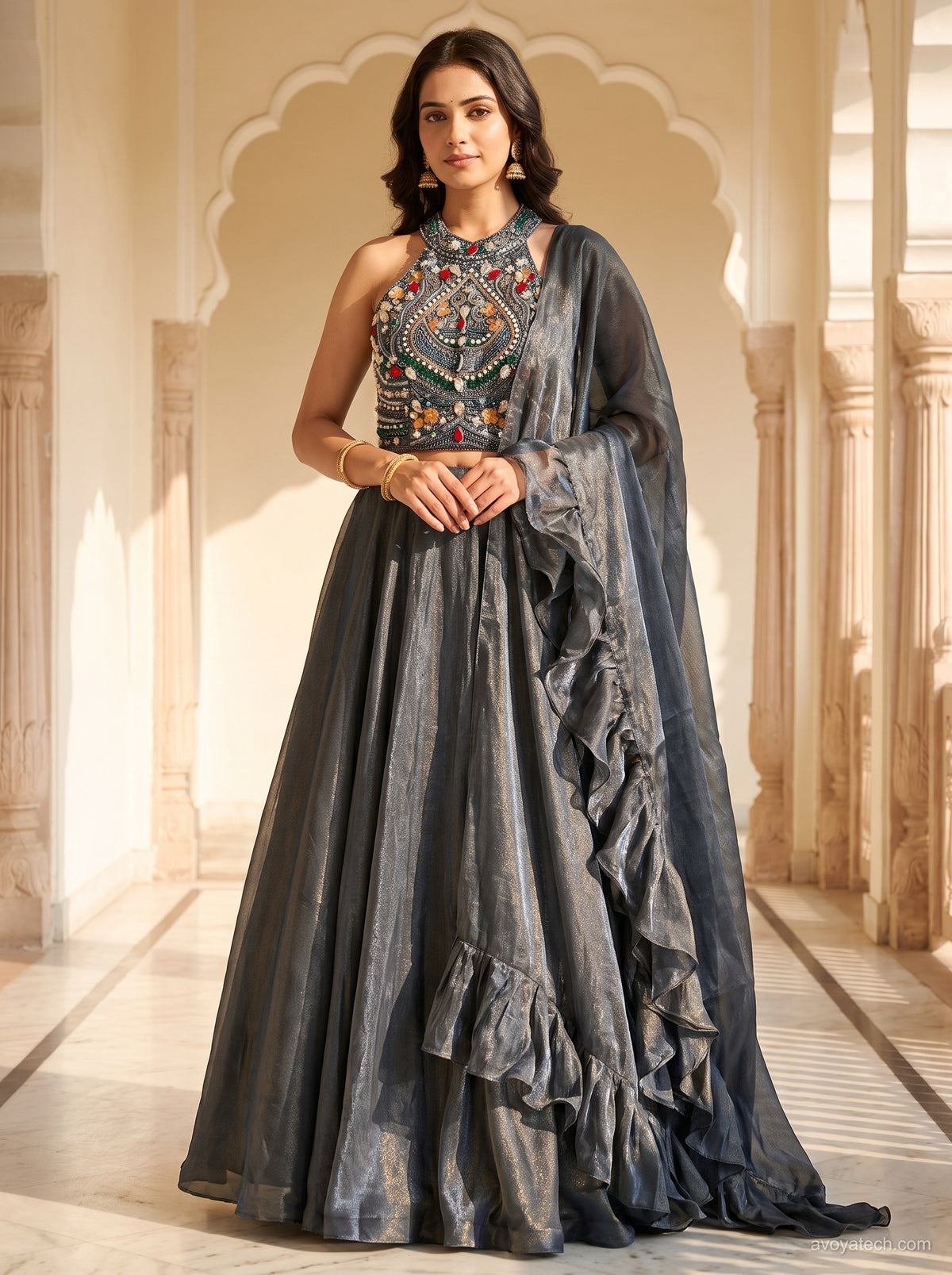 Gunmetal Shimmer Halter Lehenga Set with Ruffled Dupatta