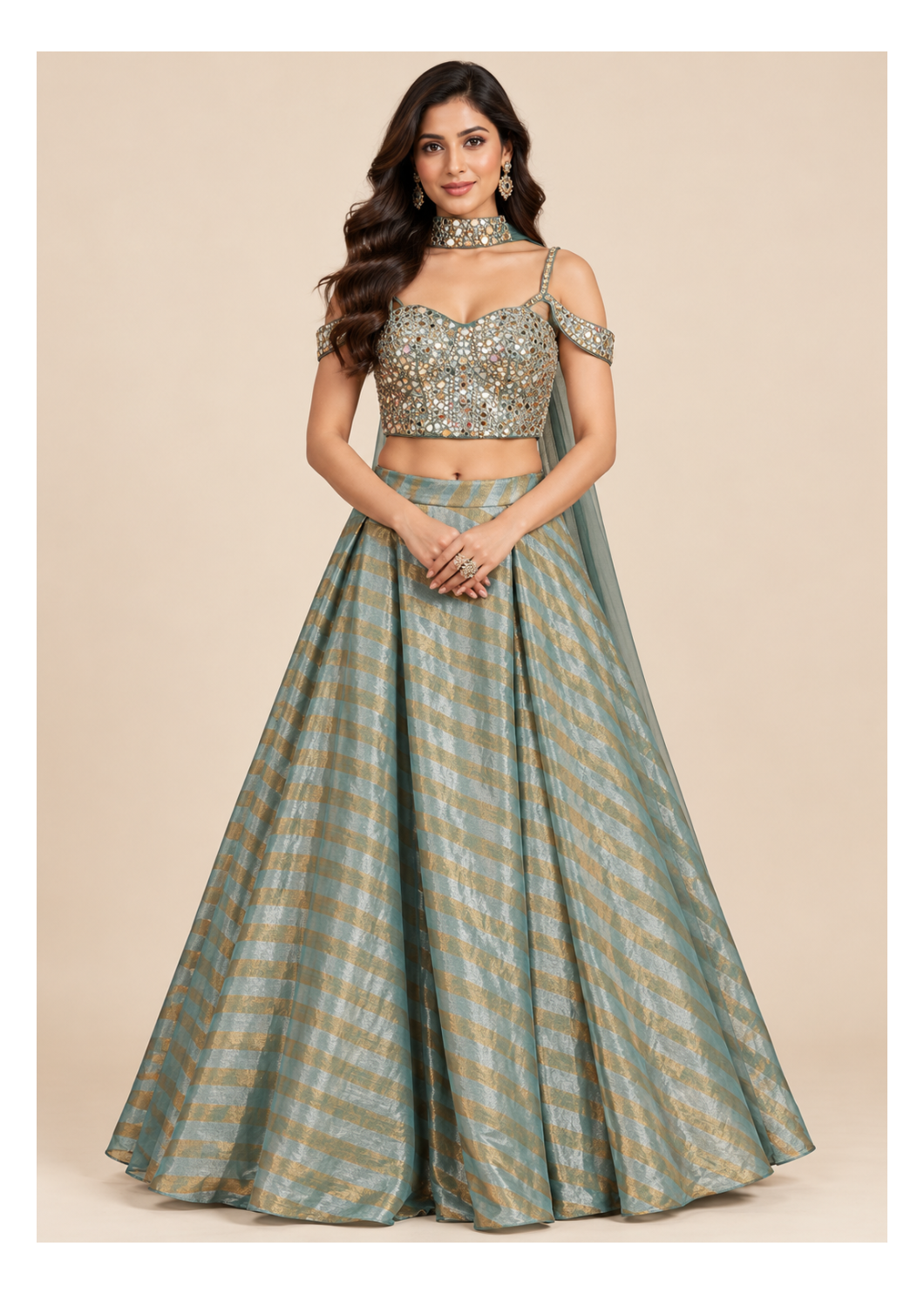 Slate-Sage Leheriya Jacquard Lehenga, Mirror-Work Corset Bustier