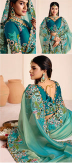 Shop Seafoam Jalina Organza Saree with Floral Embroidery Online for Women