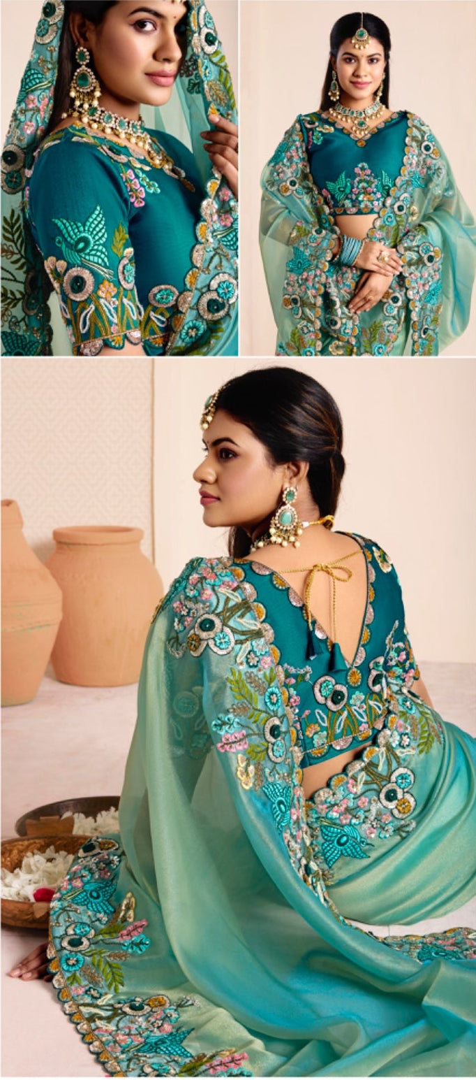 Shop Seafoam Jalina Organza Saree with Floral Embroidery Online for Women