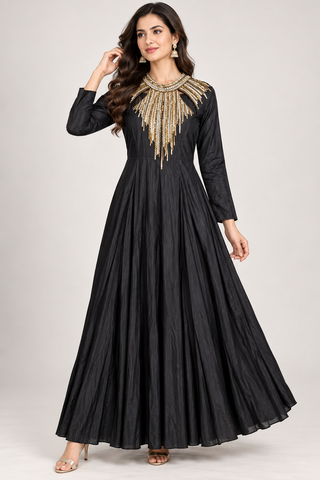 Midnight Black Embellished Collar Flared Anarkali Gown Main image