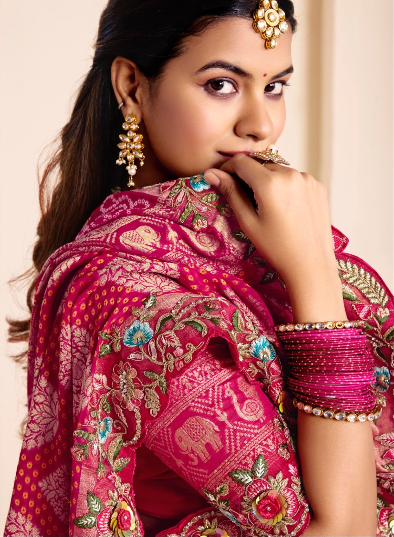 buy Festive Rani Pink Gajanand Bandhej Silk Saree with Embroidered Borders for women