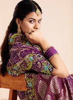 order Rani Pink Gajanand Bandhej Silk Saree with Embroidered Borders for women